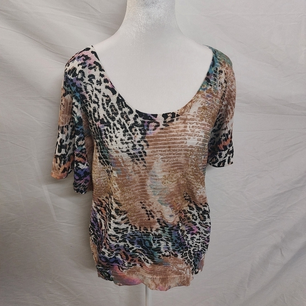 Alberto Makali womens glitter striped unique abstract cheetah colorful blouse XL